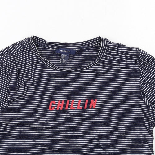 FOREVER 21 Womens Blue Striped Cotton Basic T-Shirt Size M Round Neck - Chillin