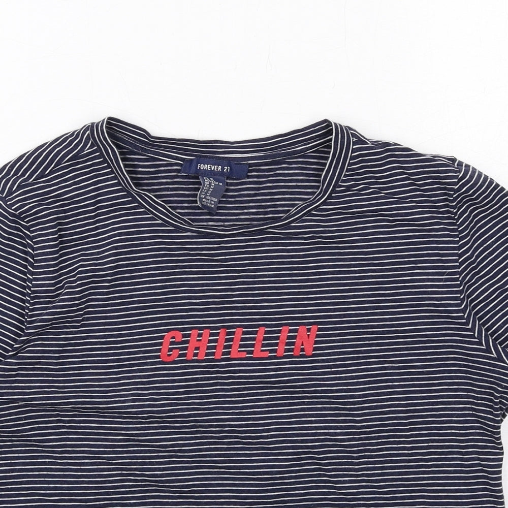 FOREVER 21 Womens Blue Striped Cotton Basic T-Shirt Size M Round Neck - Chillin