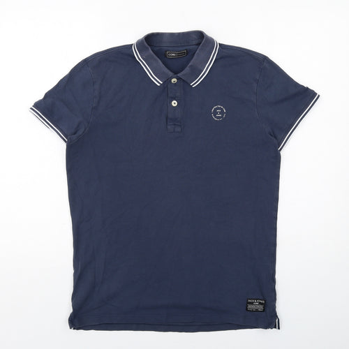 JACK & JONES Mens Blue Cotton Polo Size M Collared Button