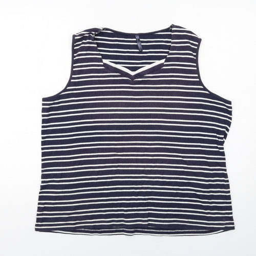Bonmarché Womens Blue Striped Cotton Basic Tank Size XL V-Neck