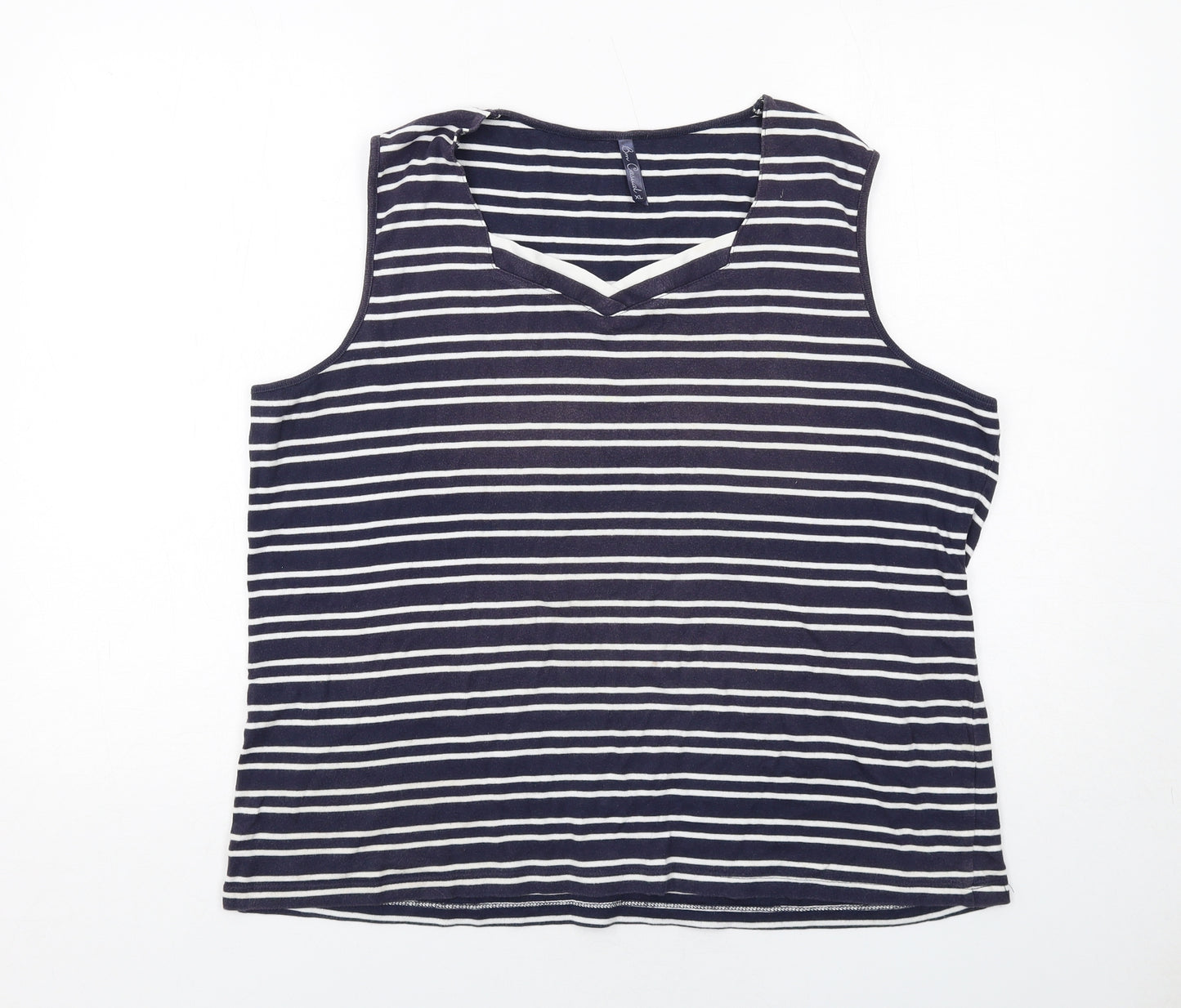 Bonmarché Womens Blue Striped Cotton Basic Tank Size XL V-Neck