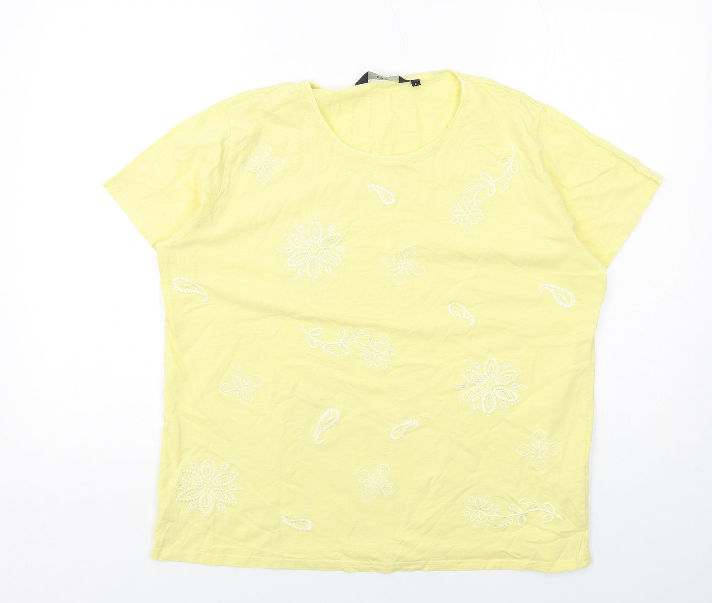 EWM Womens Yellow Paisley Cotton Basic T-Shirt Size 18 Round Neck