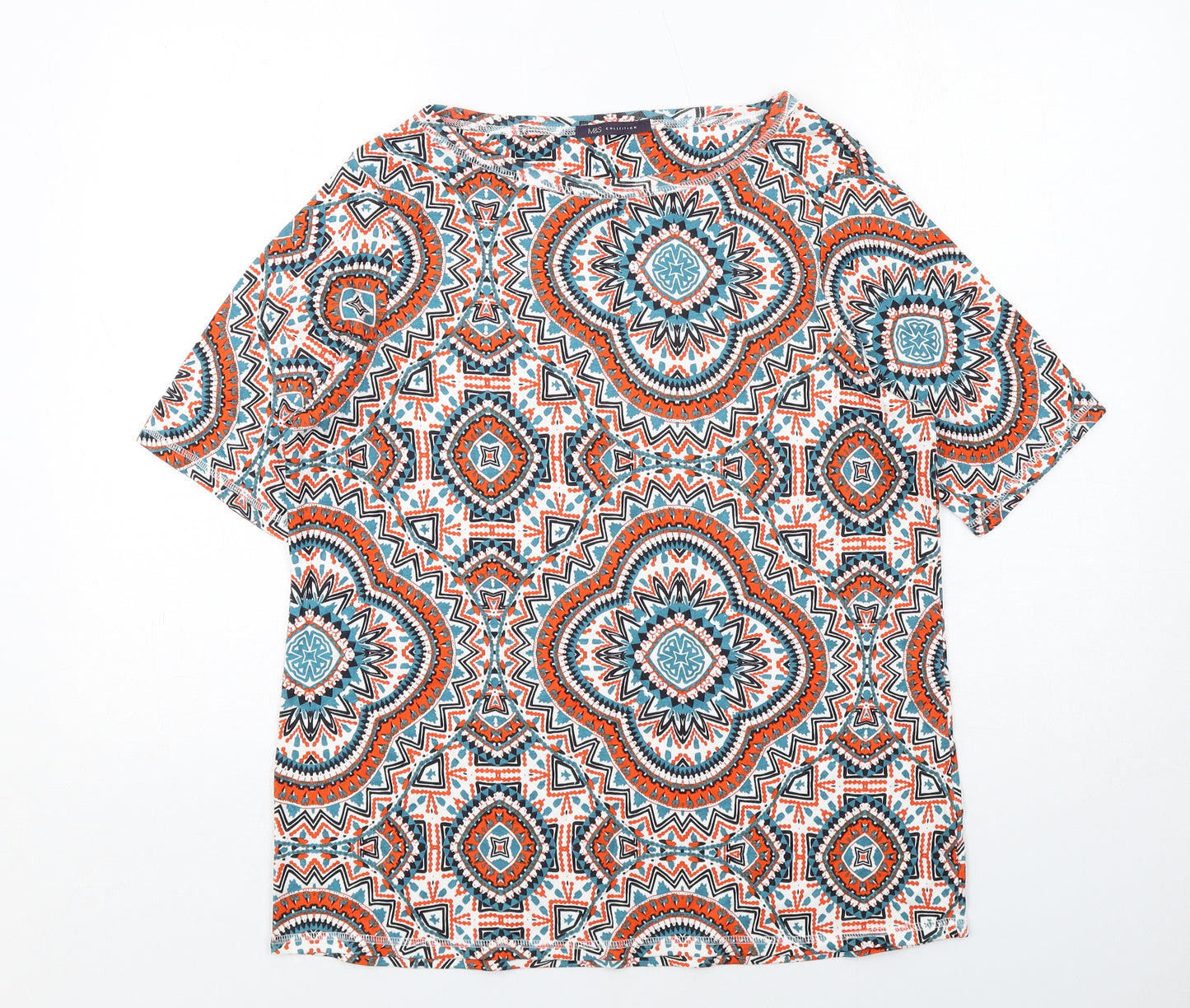 Marks and Spencer Womens Multicoloured Geometric Cotton Basic T-Shirt Size 20 Boat Neck - Mosaic Print