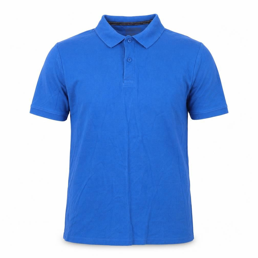 Front view of Sandstone & Co men’s blue cotton polo, size S, collared button