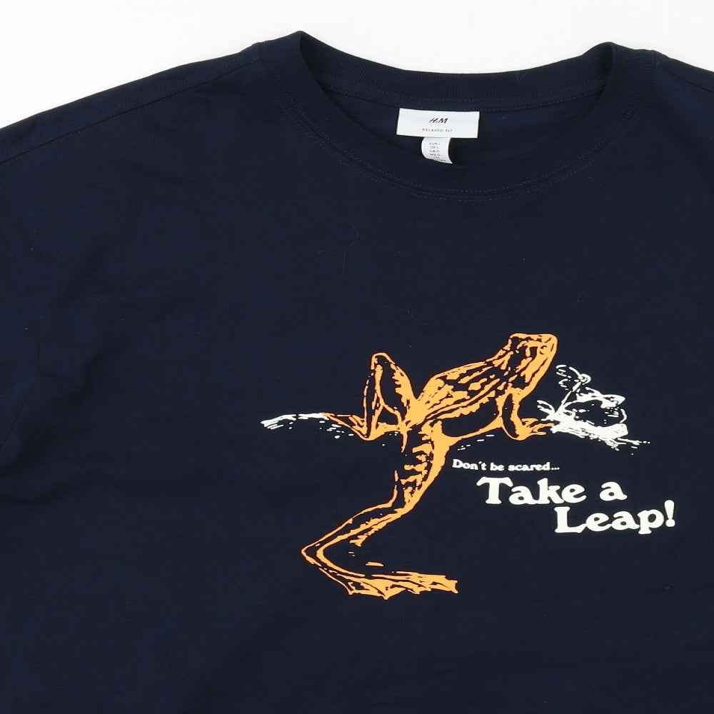 H&M Mens Blue Cotton T-Shirt Size L Round Neck - Take A Leap!