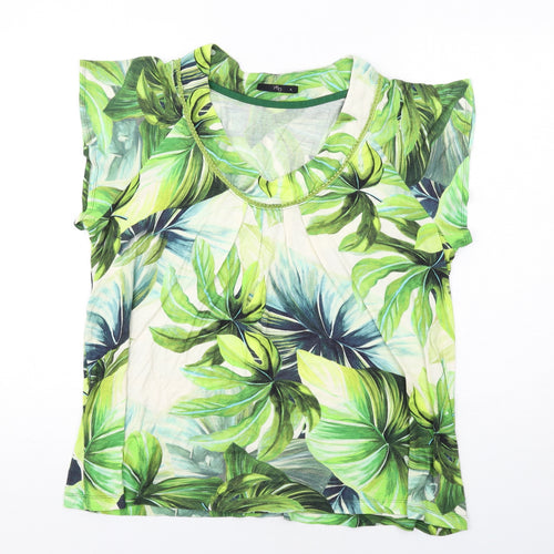 Yera Womens Green Geometric Viscose Basic T-Shirt Size XL Scoop Neck - Leaf Pattern