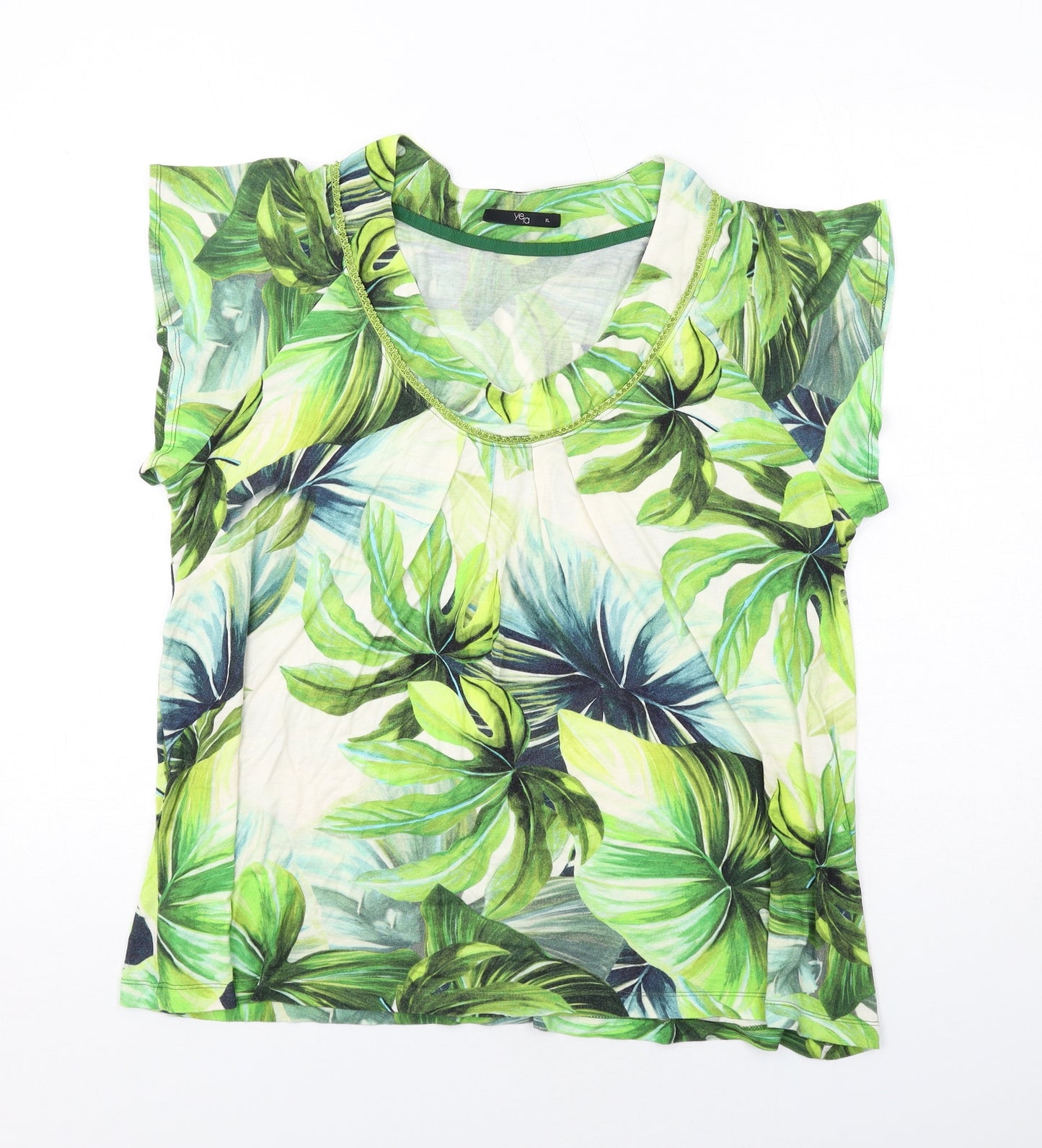 Yera Womens Green Geometric Viscose Basic T-Shirt Size XL Scoop Neck - Leaf Pattern