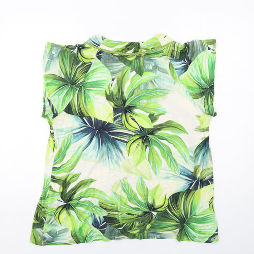 Yera Womens Green Geometric Viscose Basic T-Shirt Size XL Scoop Neck - Leaf Pattern