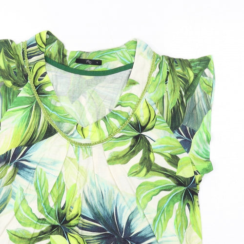 Yera Womens Green Geometric Viscose Basic T-Shirt Size XL Scoop Neck - Leaf Pattern