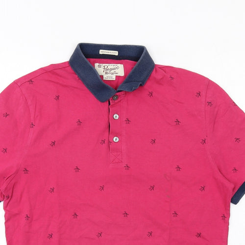 Original Penguin Mens Pink Geometric Cotton Polo Size M Collared Button