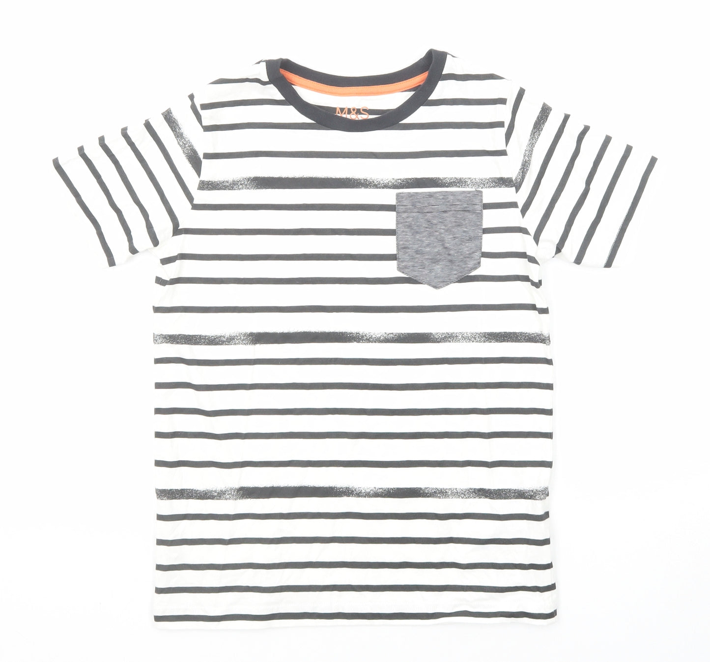 Marks and Spencer Boys Black Striped Cotton Basic T-Shirt Size 9-10 Years Round Neck Pullover