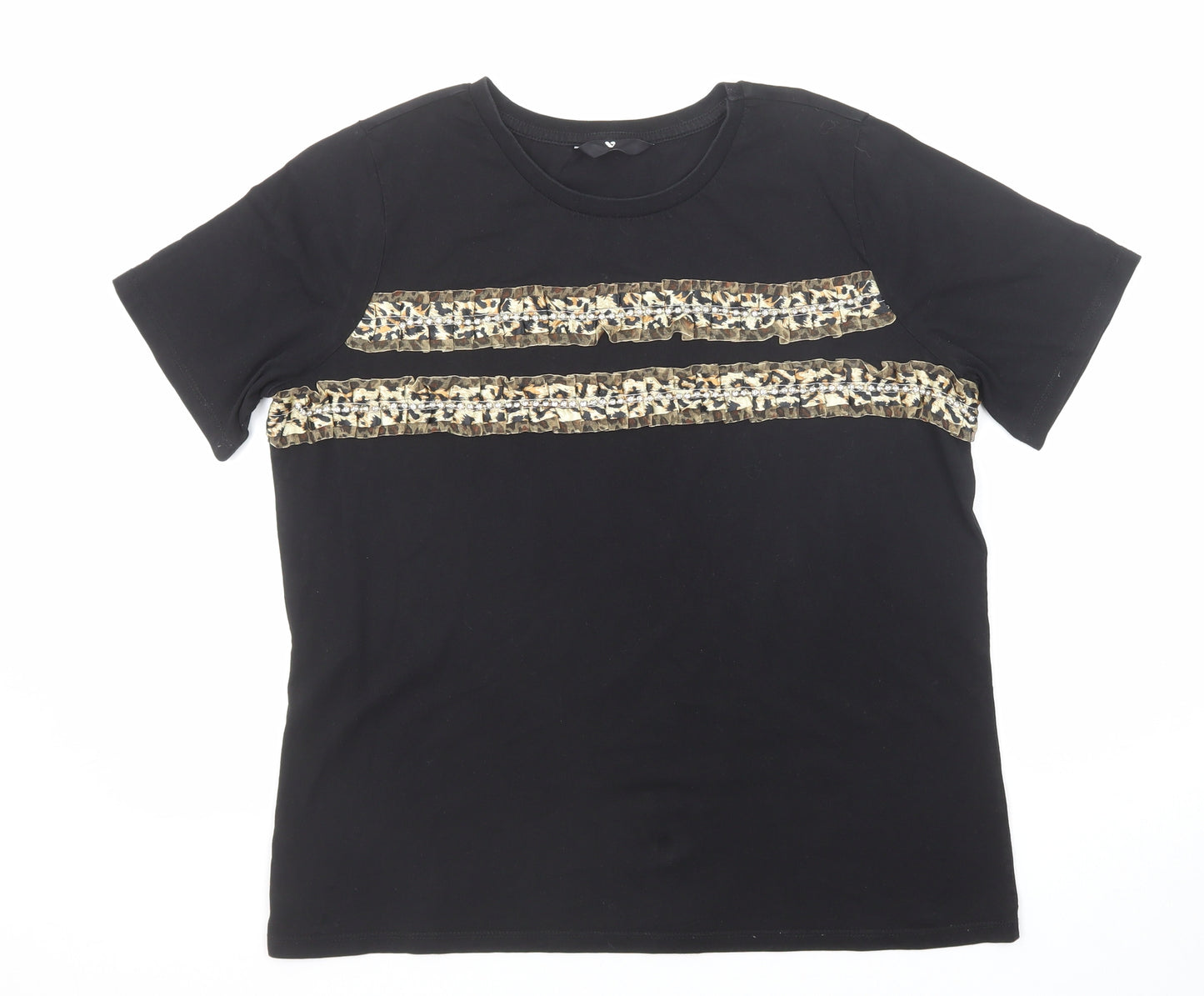 Very Womens Black Animal Print Cotton Basic T-Shirt Size 14 Crew Neck