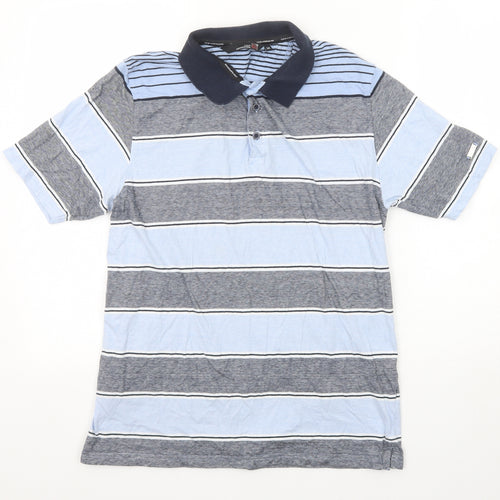 EWM Mens Blue Striped Cotton Polo Size M Collared Button