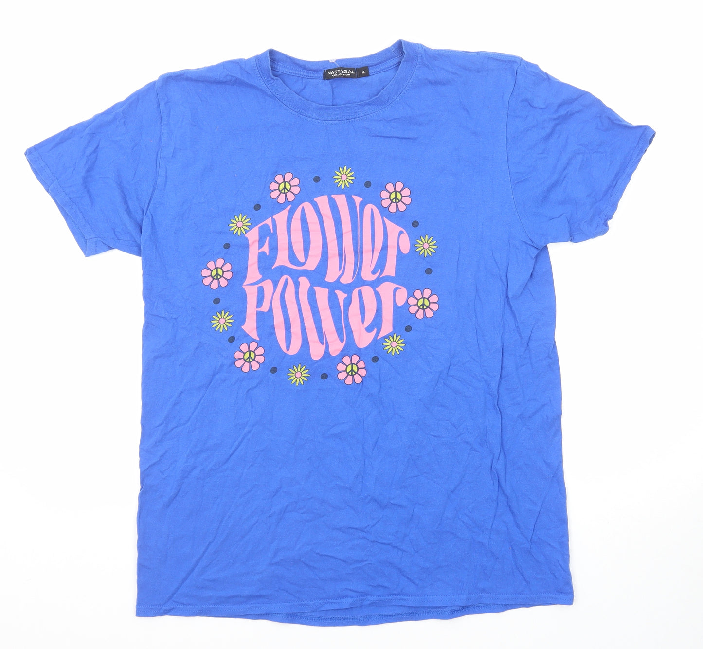 Nasty Gal Womens Blue Polyester Basic T-Shirt Size M Crew Neck - Flower Power