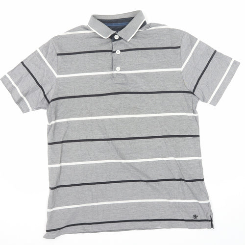 Marks and Spencer Mens Grey Striped Cotton Polo Size M Collared Button