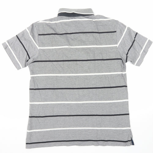 Marks and Spencer Mens Grey Striped Cotton Polo Size M Collared Button