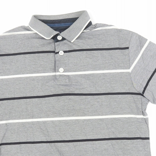Marks and Spencer Mens Grey Striped Cotton Polo Size M Collared Button
