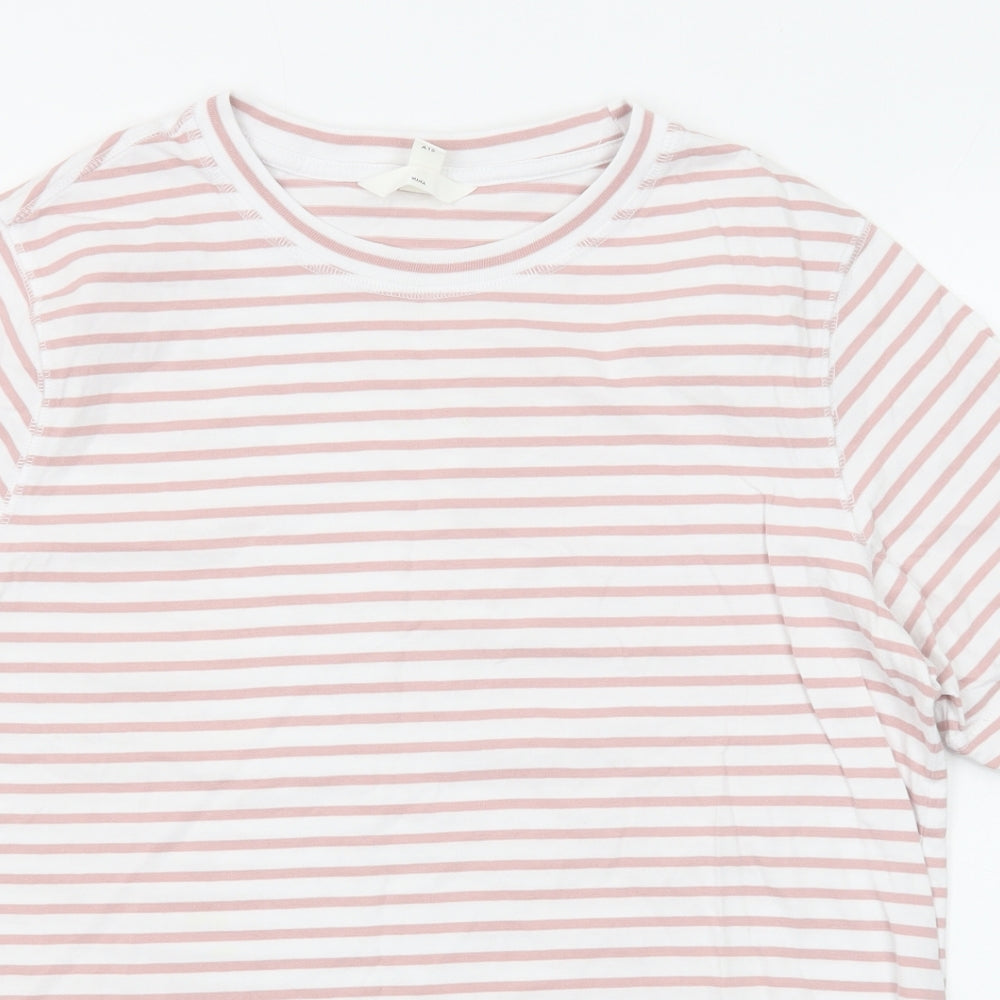 H&M Womens White Striped Cotton Basic T-Shirt Size M Crew Neck