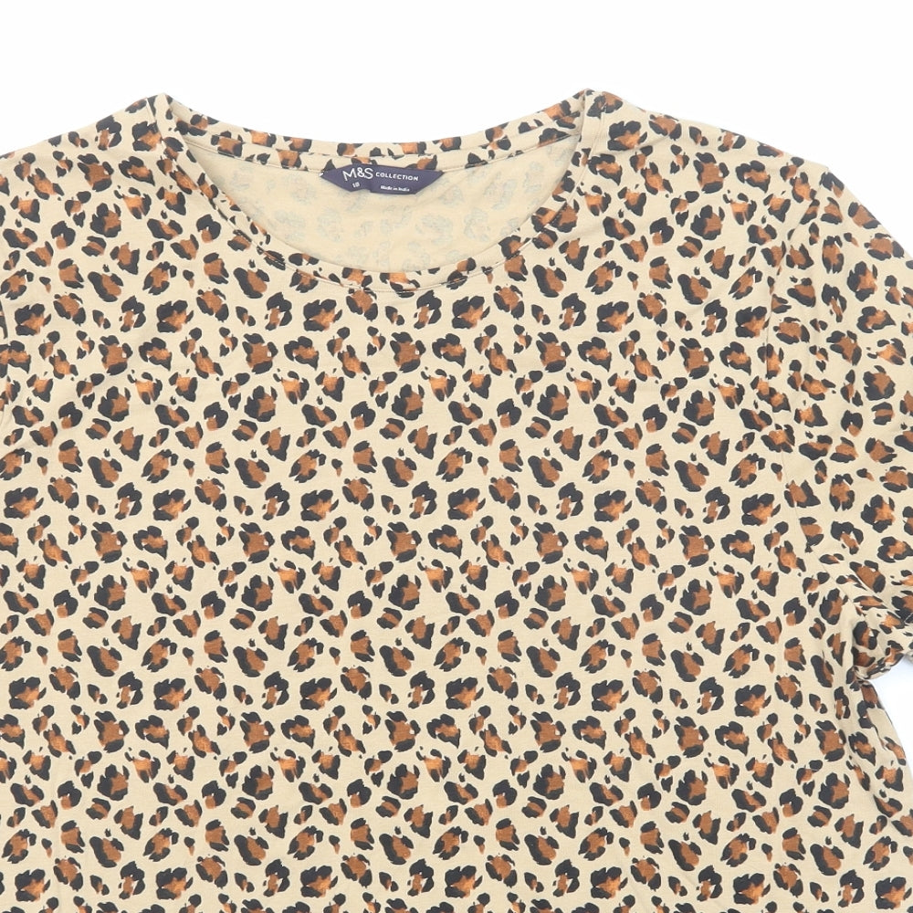 Marks and Spencer Womens Beige Animal Print Polyester Basic T-Shirt Size 18 Crew Neck - Leopard Print