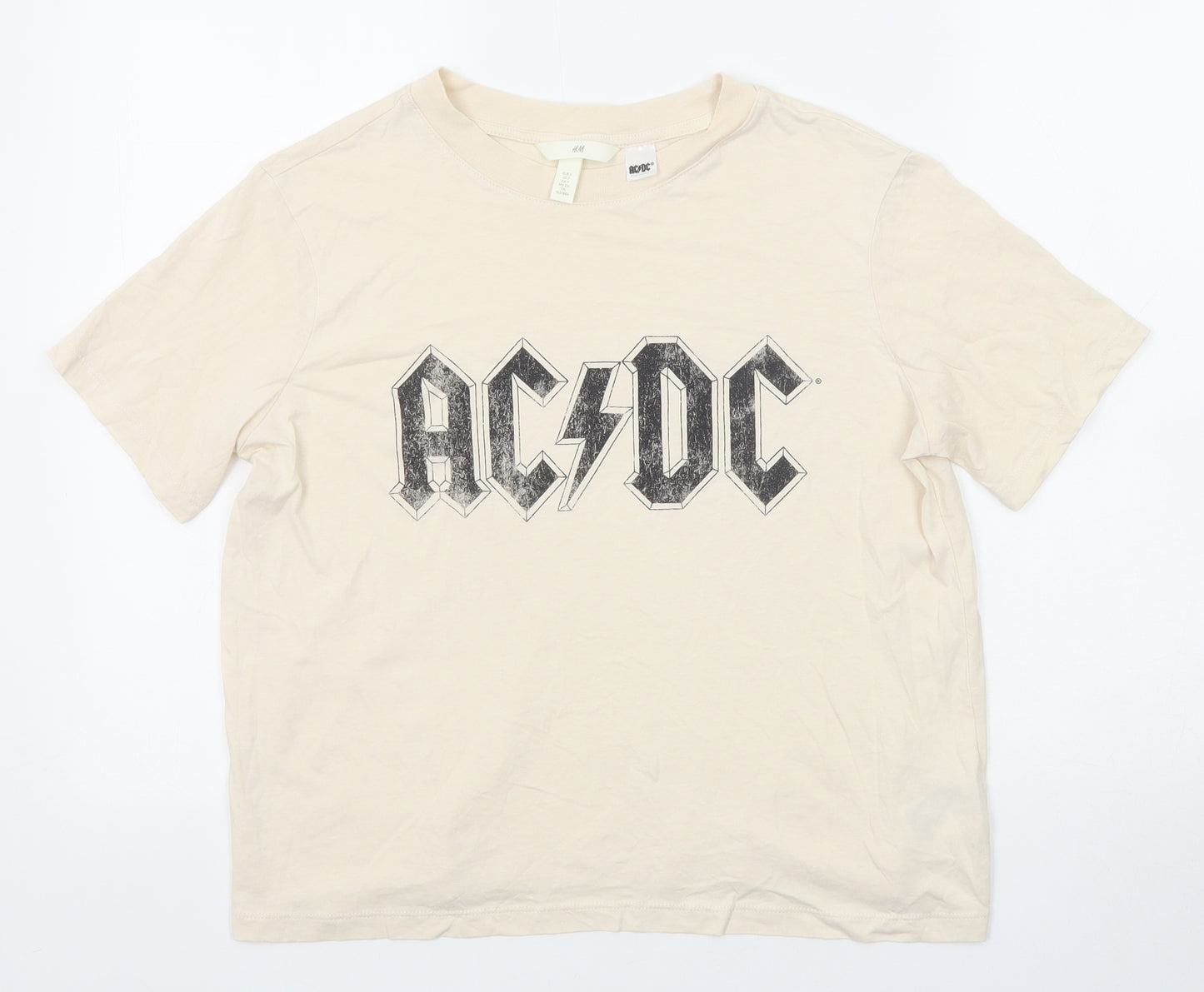 H&M Womens Beige Cotton Basic T-Shirt Size S Round Neck - AC/DC