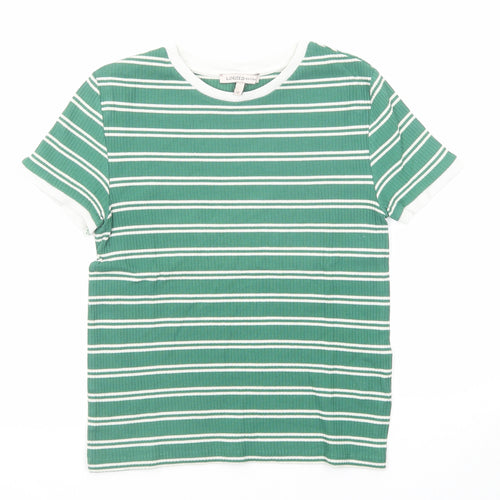 Marks and Spencer Womens Green Striped Cotton Basic T-Shirt Size 12 Round Neck - Ribbed