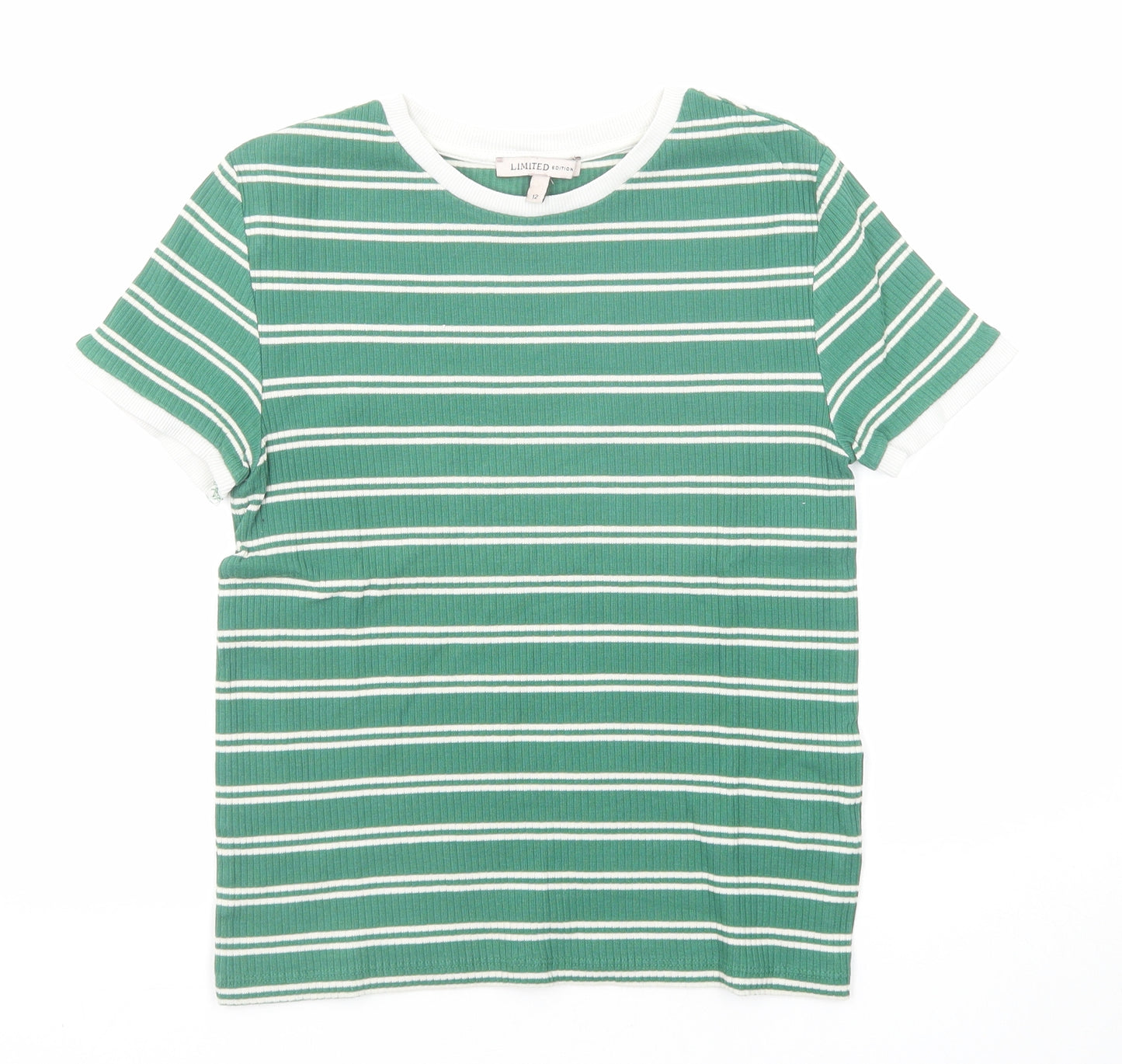 Marks and Spencer Womens Green Striped Cotton Basic T-Shirt Size 12 Round Neck - Ribbed