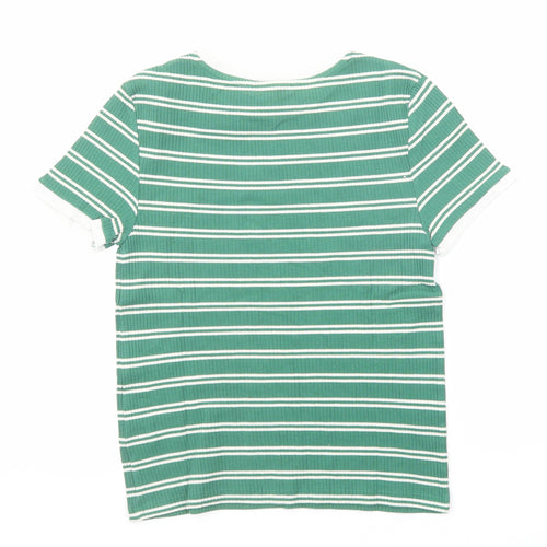Marks and Spencer Womens Green Striped Cotton Basic T-Shirt Size 12 Round Neck - Ribbed