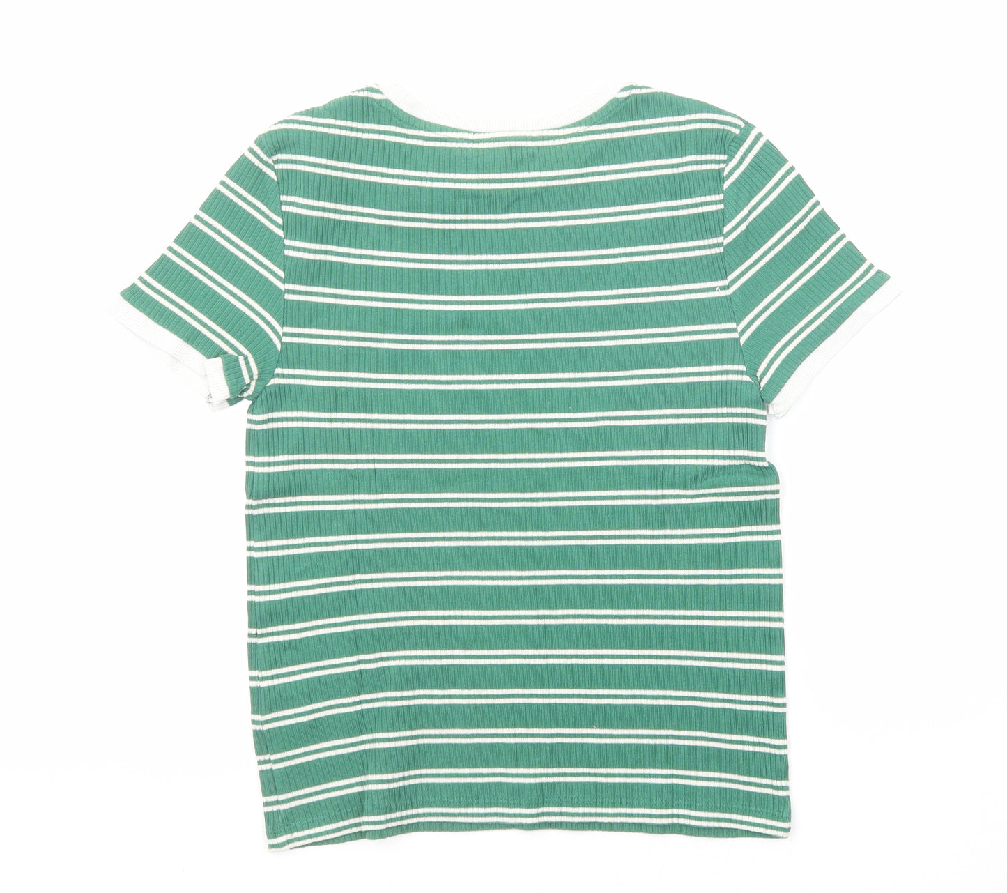 Marks and Spencer Womens Green Striped Cotton Basic T-Shirt Size 12 Round Neck - Ribbed