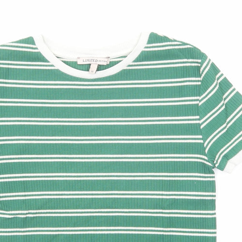 Marks and Spencer Womens Green Striped Cotton Basic T-Shirt Size 12 Round Neck - Ribbed