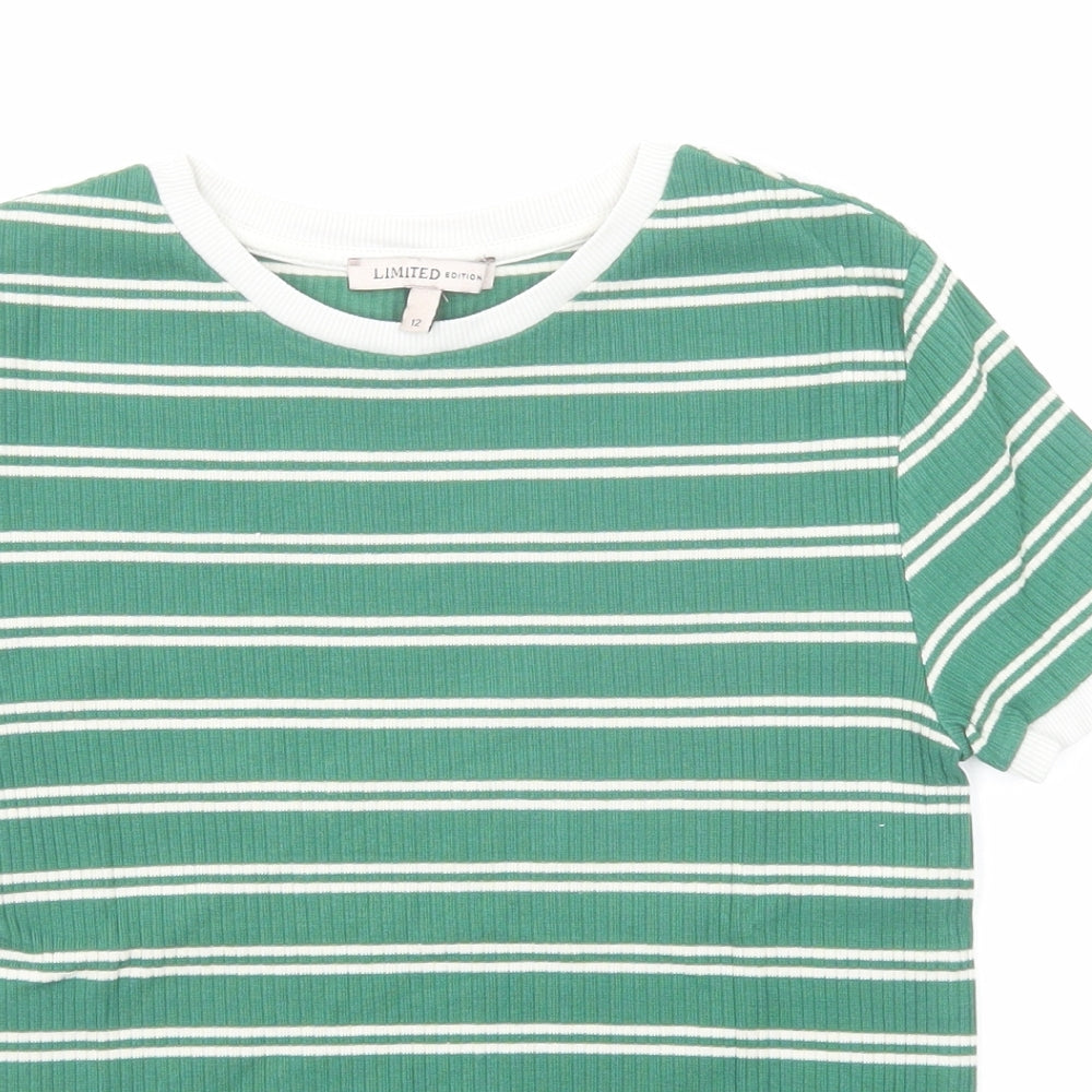 Marks and Spencer Womens Green Striped Cotton Basic T-Shirt Size 12 Round Neck - Ribbed