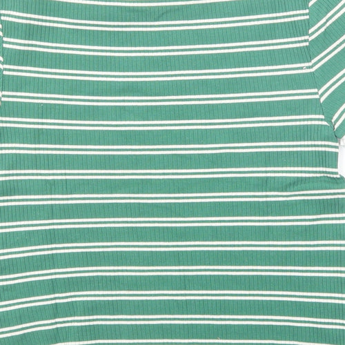 Marks and Spencer Womens Green Striped Cotton Basic T-Shirt Size 12 Round Neck - Ribbed