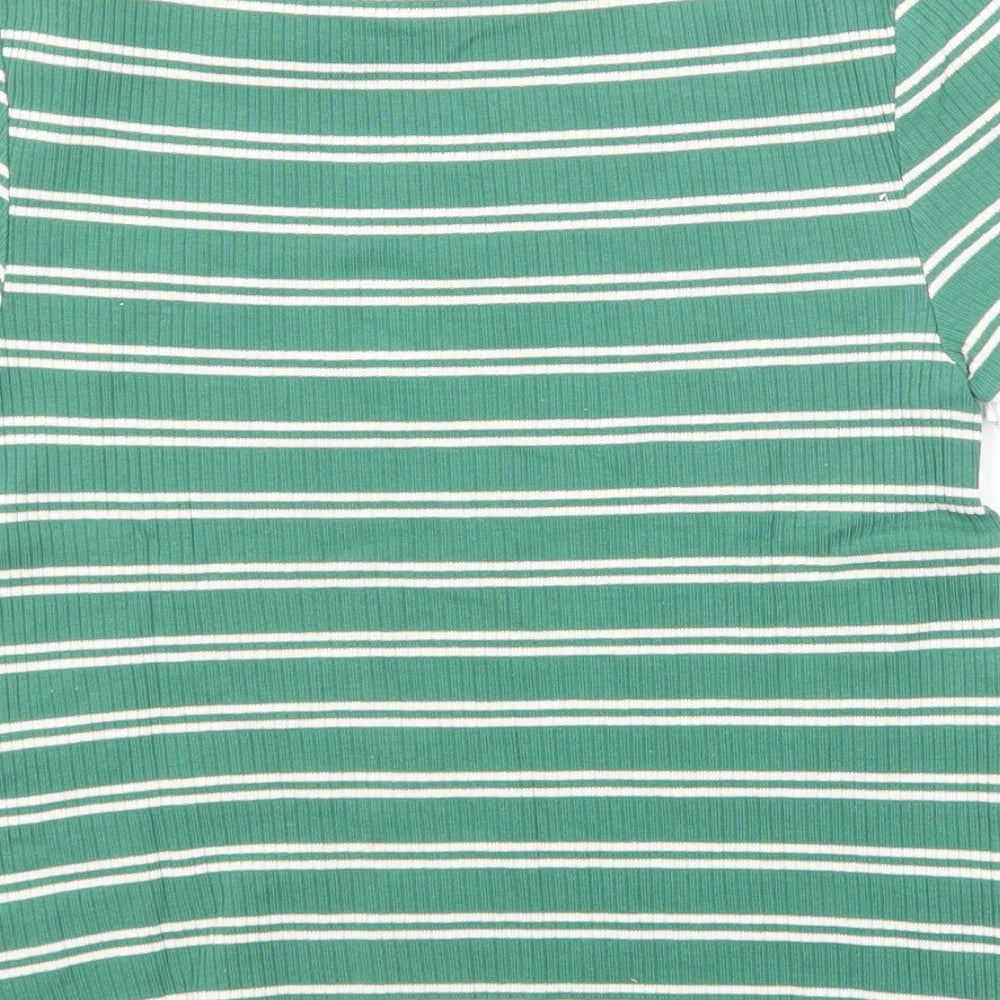 Marks and Spencer Womens Green Striped Cotton Basic T-Shirt Size 12 Round Neck - Ribbed