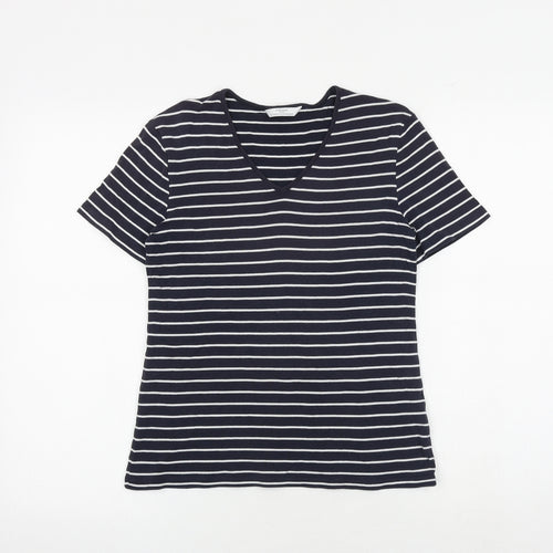 Marks and Spencer Womens Blue Striped 100% Cotton Basic T-Shirt Size 8 V-Neck
