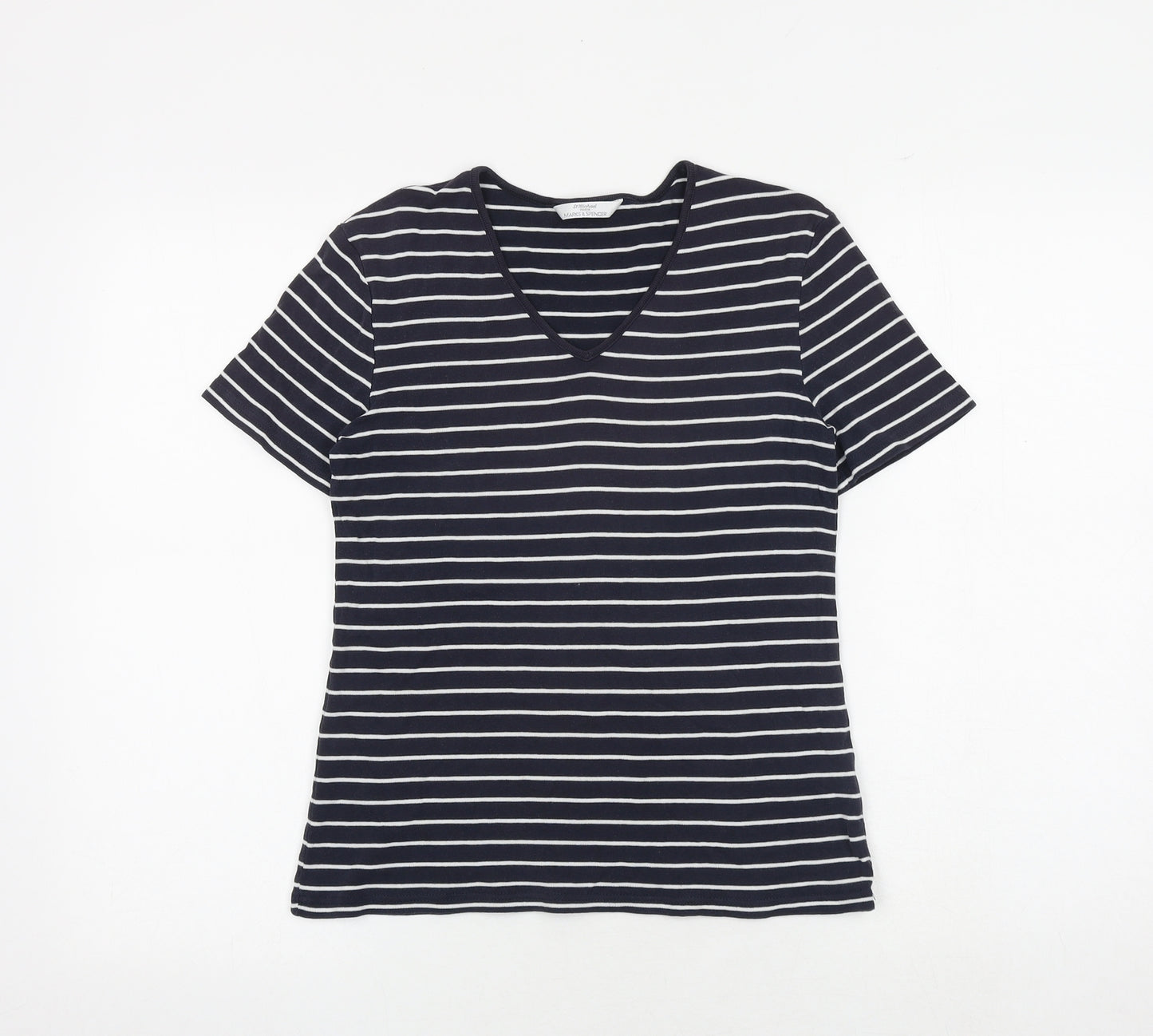 Marks and Spencer Womens Blue Striped 100% Cotton Basic T-Shirt Size 8 V-Neck