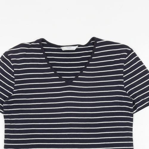 Marks and Spencer Womens Blue Striped 100% Cotton Basic T-Shirt Size 8 V-Neck