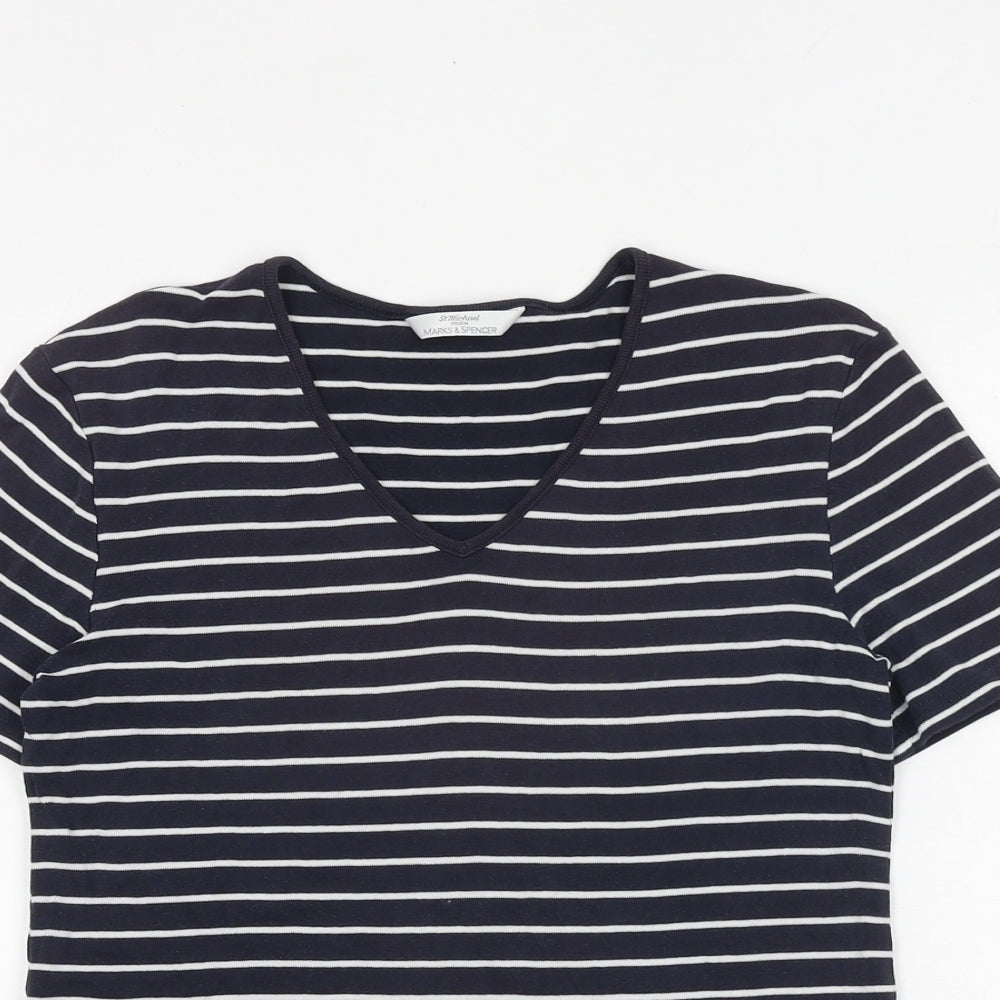 Marks and Spencer Womens Blue Striped 100% Cotton Basic T-Shirt Size 8 V-Neck