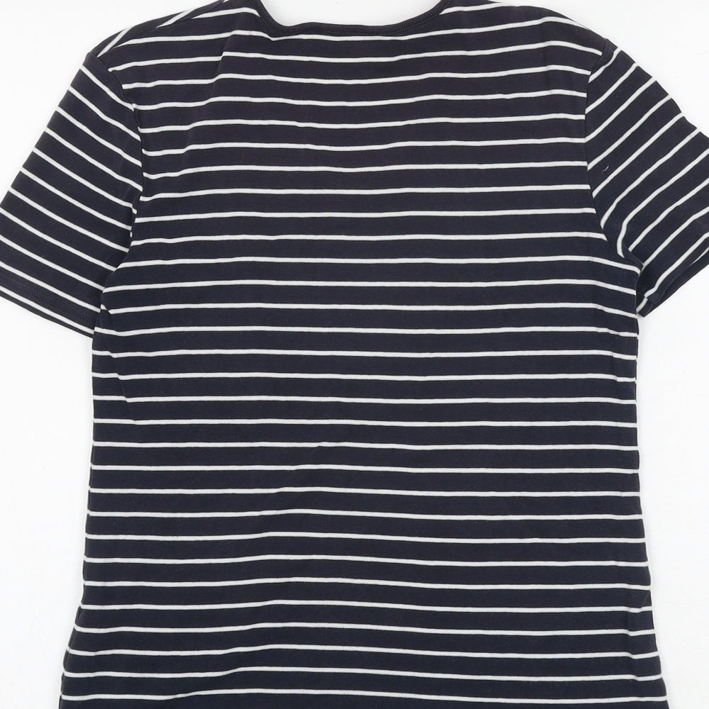 Marks and Spencer Womens Blue Striped 100% Cotton Basic T-Shirt Size 8 V-Neck