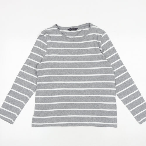 Marks and Spencer Womens Grey Striped 100% Cotton Basic T-Shirt Size 14 Round Neck