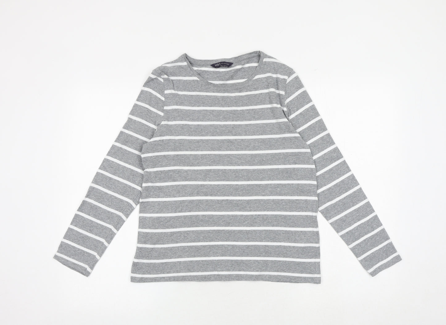 Marks and Spencer Womens Grey Striped 100% Cotton Basic T-Shirt Size 14 Round Neck