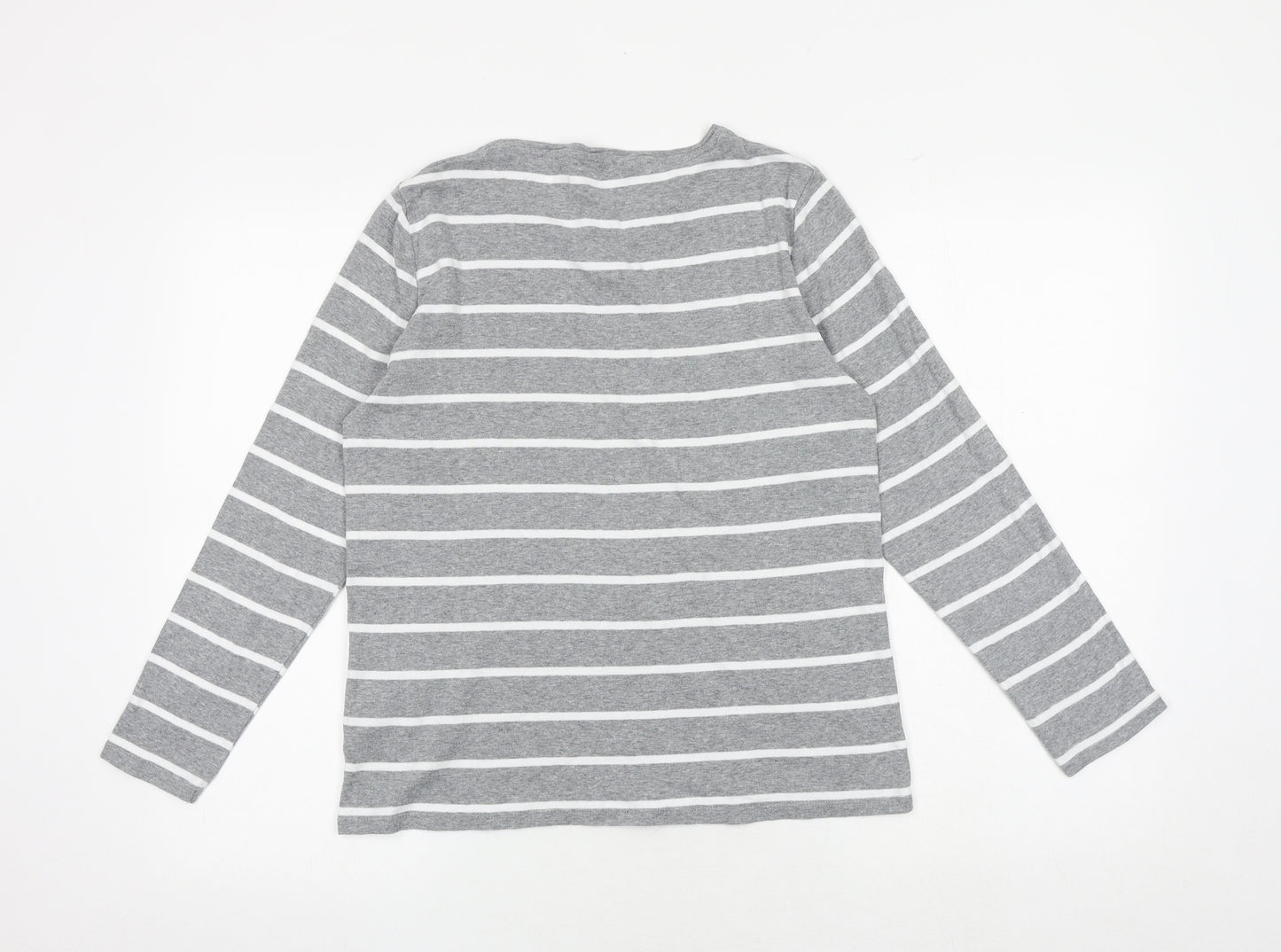 Marks and Spencer Womens Grey Striped 100% Cotton Basic T-Shirt Size 14 Round Neck