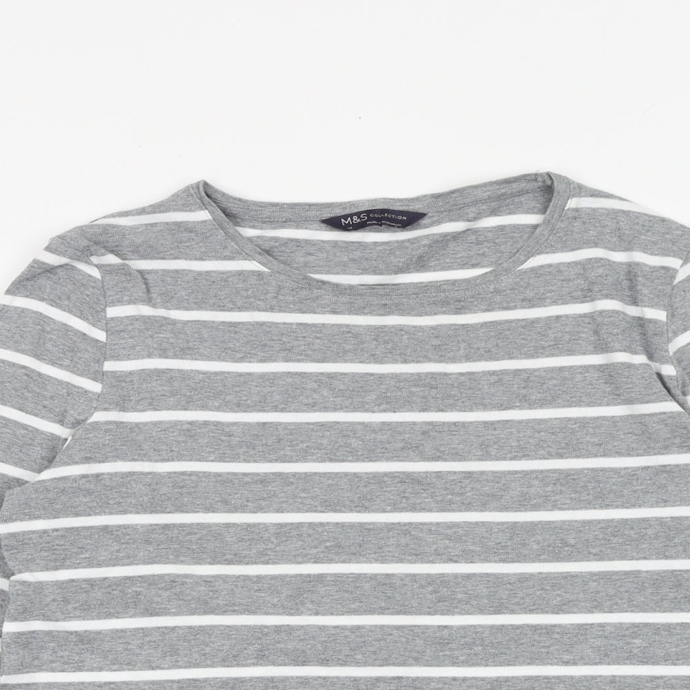 Marks and Spencer Womens Grey Striped 100% Cotton Basic T-Shirt Size 14 Round Neck