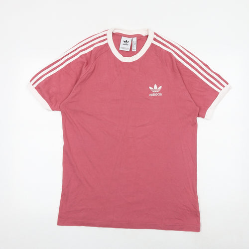 adidas Womens Pink Striped 100% Cotton Basic T-Shirt Size M Round Neck