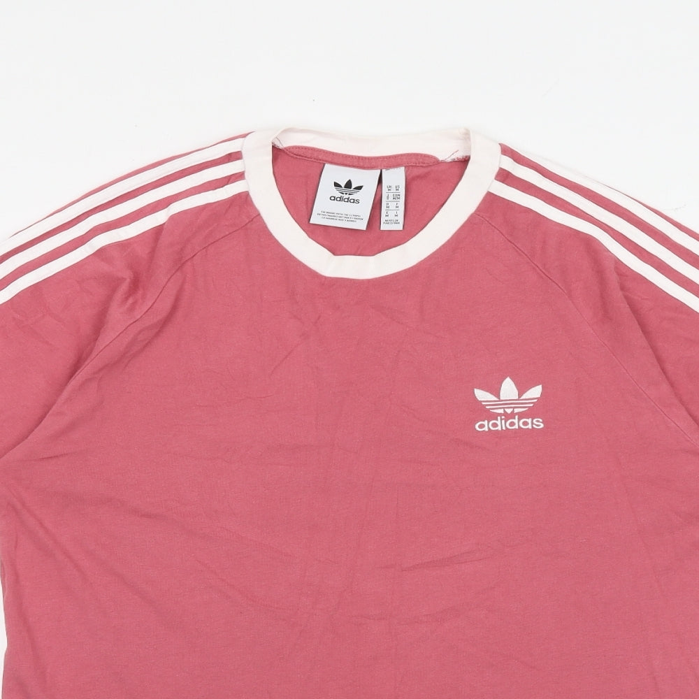 adidas Womens Pink Striped 100% Cotton Basic T-Shirt Size M Round Neck