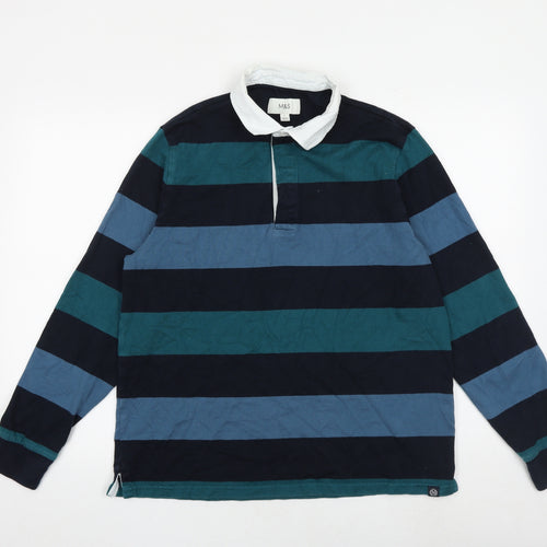 Marks and Spencer Mens Multicoloured Striped 100% Cotton Polo Size L Collared Button