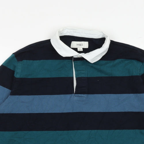 Marks and Spencer Mens Multicoloured Striped 100% Cotton Polo Size L Collared Button