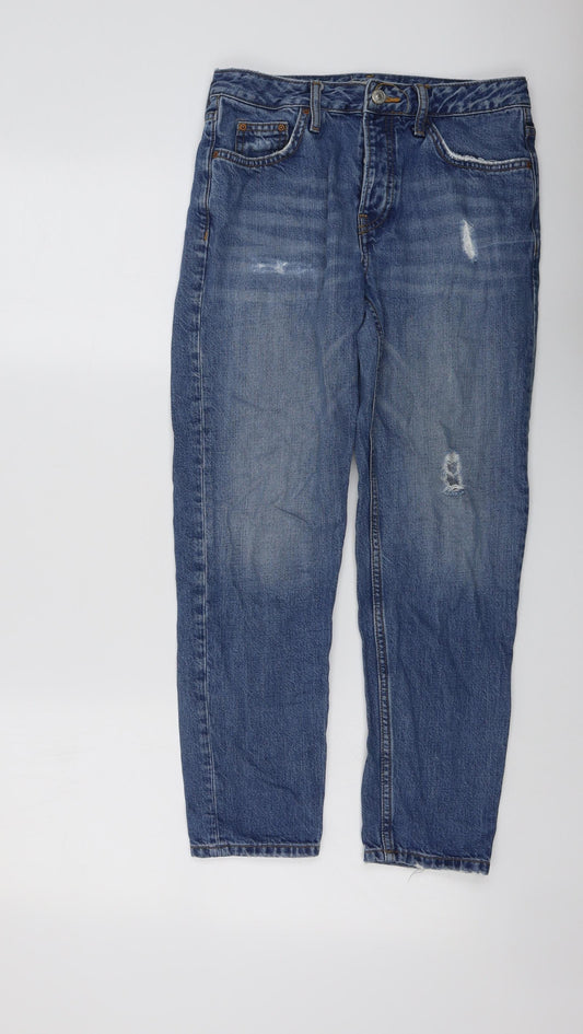 Front view of Topshop women’s blue cotton straight jeans, size UK 24, in, 25-inch leg regular button