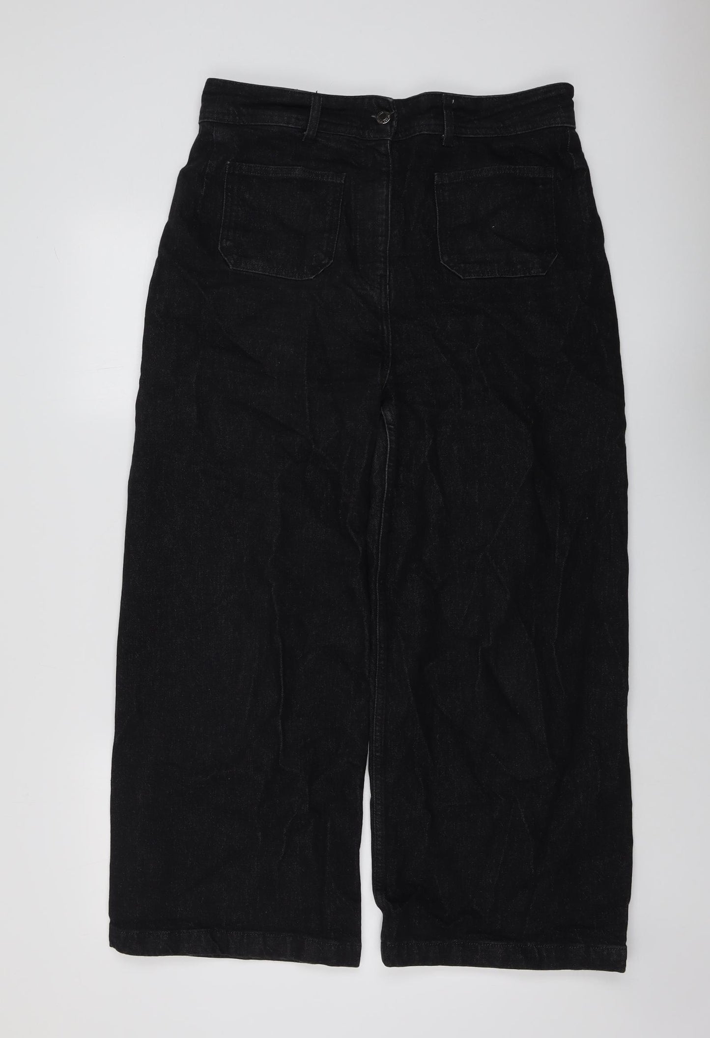 NEXT Womens Black Cotton Wide-Leg Jeans Size 14 L26 in Regular Button