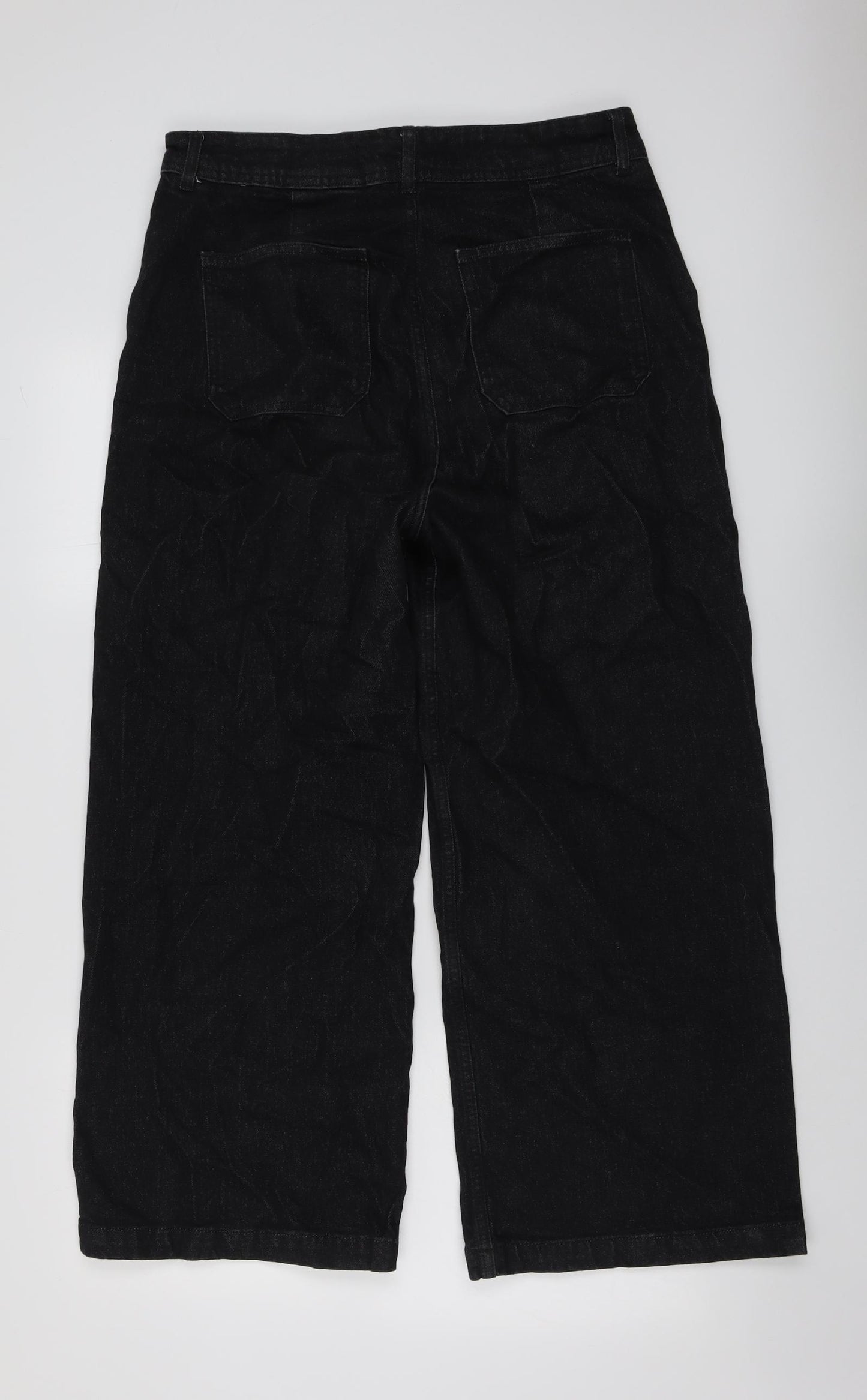NEXT Womens Black Cotton Wide-Leg Jeans Size 14 L26 in Regular Button