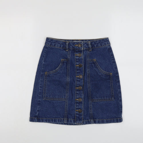 Stradivarius Womens Blue Cotton A-Line Skirt Size 4 Button