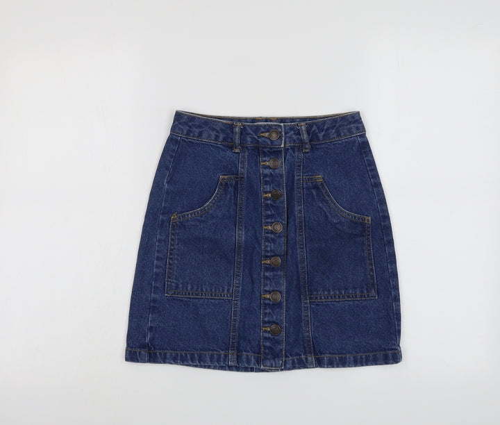 Stradivarius Womens Blue Cotton A-Line Skirt Size 4 Button